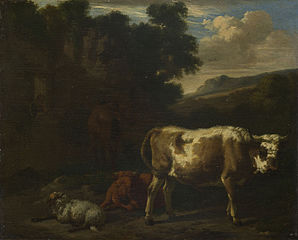 Deux Veaux, un Mouton et un Cheval brun gris près d'une ruine