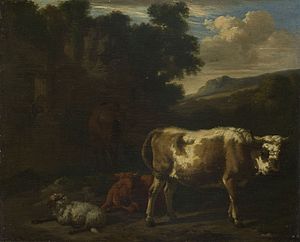 Two Calves, a Sheep and a Dun Horse by a Ruin (c. 1665) by Dirck van den Bergen