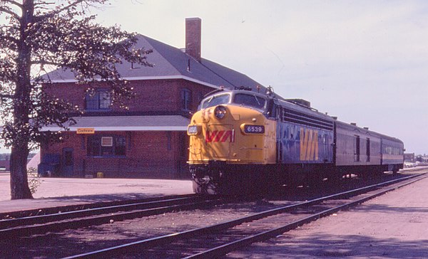 A Via Rail train at Cochrane station in August 1978. Earlier that year, CNR and CPR passenger rail service were spun off into Via Rail Canada.