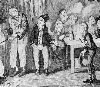 George Cruikshank original engraving of Oliver (right), the pickpocket Artful Dodger (centre), and the criminal Fagin (left) Dodger introduces Oliver to Fagin by Cruikshank (detail).jpg