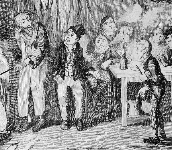 George Cruikshank original etching of the Artful Dodger (centre), here introducing Oliver (right) to Fagin (left)