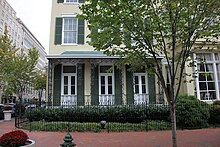 The west side of the Dolley Madison House, showing the porch (with black railing) where the shade of the former First Lady is said to rock on dark nights Dolley Madison House west side.jpg