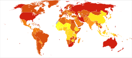 Disability-adjusted life years (DALY) lost from Drug use disorders in 2012 per million males.   1,076-1,411   1,413-1,413   1,418-1,924   1,933-2,253   2,256-2,505   2,518-2,518   2,524-2,795   2,799-3,603   3,617-5,244   5,685-12,695 * Countries are divided approximately by population into ten groups. * Dependencies of France, United Kingdom, United States of America, The Netherlands and Denmark are grouped with their respective countries.