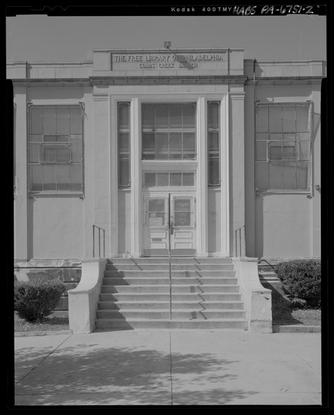 File:ELEVATION OF FRONT ENTRANCE PAVILION - Free Library of Philadelphia, Cobbs Creek Branch, 5800 Cobbs Creek Parkway, Philadelphia, Philadelphia County, PA HABS PA-6751-2.tif