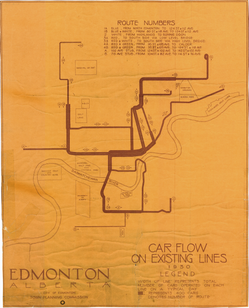 Edmonton Radial Railway route map, with line width indicating average streetcar flow. Published in 1930 Edmonton Radial Railway Route Map.png