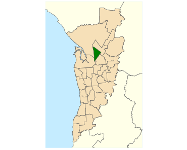 Map of Adelaide, South Australia with electoral district of Playford highlighted