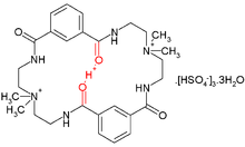 In this aza crown-type, macrocyclic compound, a proton sits between two amide carbonyl oxygens separated by a distance of 2.45 A. Encircledproton.png