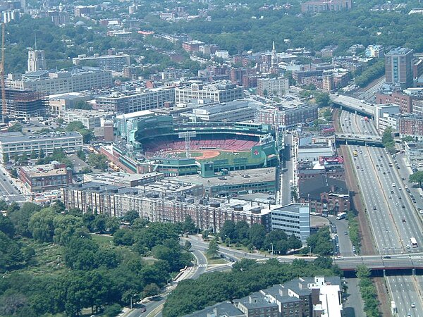 Aerial view of West Fenway and Kenmore showing the Back Bay Fens (lower left), Fenway Park (center) and the edge of Kenmore Square (right)