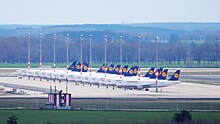 15 aircraft of Lufthansa that are parked at Berlin Brandenburg Airport on 21 March 2020 due to the cancellation of 95 percent of all flights of the airline on 19 March 2020