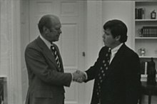 Barbour with President Gerald Ford in 1976 Ford B1541 NLGRF photo contact sheet (1976-09-18)(Gerald Ford Library) (cropped6).jpg
