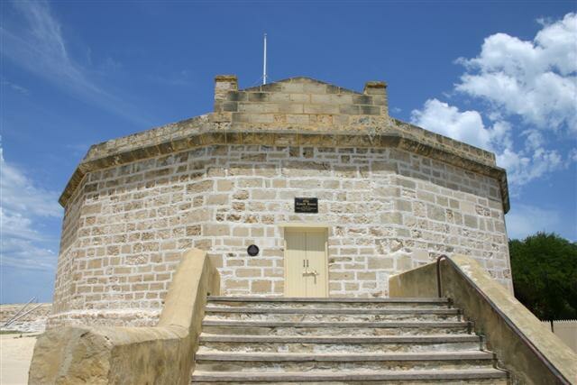 Completed in 1831, the Round House is the oldest public building in Western Australia. It can be seen atop Arthur Head in the painting below.