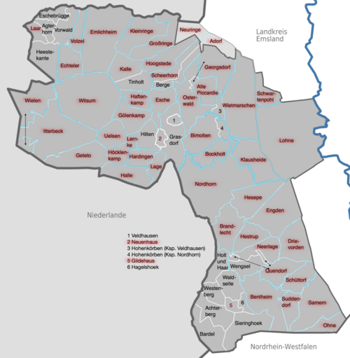 Die Gemarkungen des Landkreises (Namen rot, Grenzen türkis)