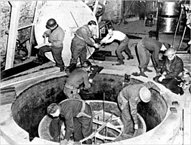 U.S. and British engineers dismantle the nuclear pile that German scientists had built up under the Uranprojekt program in Haigerloch in April 1945 German Experimental Pile - Haigerloch - April 1945-2.jpg