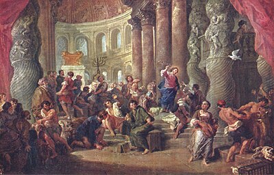 Jesus Expels the Moneylenders from the Temple by Giovanni Paolo Pannini, 1750 Giovanni Paolo Pannini 001.jpg