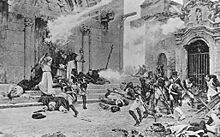 Amid bitter street fighting, French infantry assault the defenders of a church during the siege. Illustration by Jules Girardet. Girardet-Siege of Saragossa.jpg