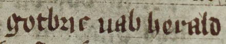 The name of Gofraid mac Arailt as it appears on folio 59r of Oxford Jesus College 111 (the Red Book of Hergest): ("gotbric uab herald").[92]