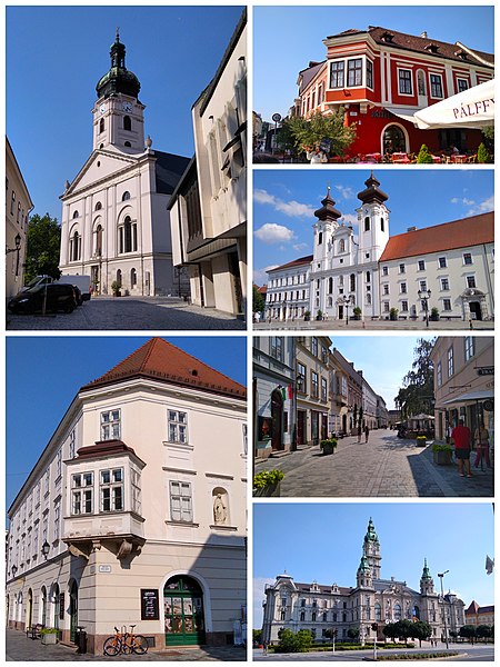 Clockwise, from top to bottom: Cathedral Basilica of Győr, baroque architecture in Győr, Benedictine Church of Saint Ignatius of Loyola, street in the