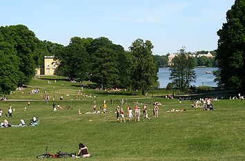 Vänstra bild visar Hagaparkens pelouse vy mot väst med ett av Koppartälten i bakgrunden, högra bilden är tagen mot öst med Gustav III:s paviljong nere vid Brunnsviken. Båda fotografierna är tagna sommaren 2007.