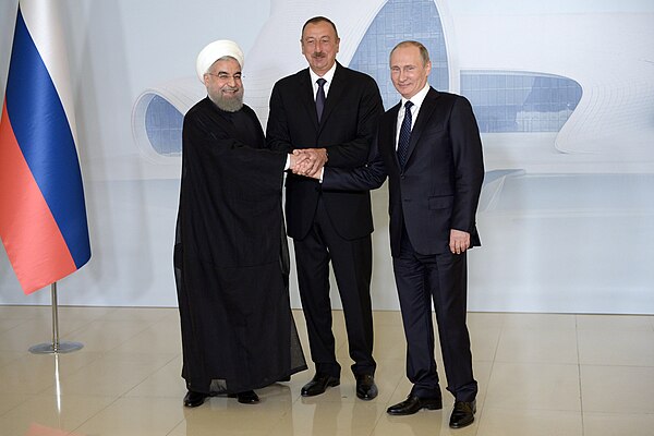 Before the start of a trilateral meeting. Left to right: Hassan Rouhani, Ilham Aliyev, and Vladimir Putin.