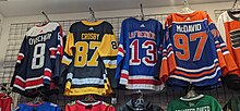 Fan versions of Hockey jerseys for sale Hockey Jerseys in a store.jpg