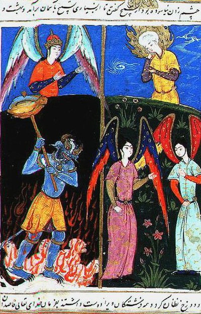 A depiction of Idris visiting Heaven and Hell from an illuminated manuscript version of the Islamic text Stories of the Prophets (1577)