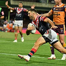 Tedesco playing for the Roosters in 2019 James Tedesco Roosters.jpg