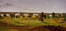 Painting of a rolling green landscape with trees with a row of white buildings in the background
