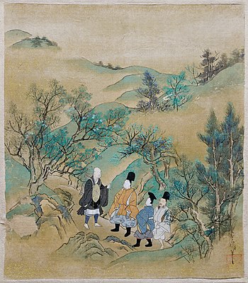 Episode 9 of the Tales of Ise (伊勢物語, Ise monogatari): journeying to the East, the hero gives a poem to a hermit on mount Utsu; corresponding calligraphy by a courtier.