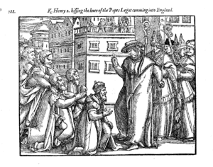 A woodcut showing Henry II of England greeting the pope's legate. K. Henry 2. Kissing the knee of the Popes Legate comming into England.gif