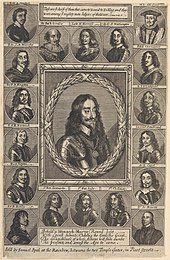 An engraving depicting Charles I and his adherents. King Charles I and his adherents.jpg