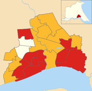 Map of the results of the 2023 Hull council election. Labour in red, Liberal Democrats in yellow, Uncontested in cream.
Note that 2 seats were contested in Central Ward. Kingston upon Hull UK 2023 Local Election map.svg