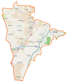 Mapa konturowa gminy Kołbaskowo, po lewej znajduje się punkt z opisem „Kołbaskowo”