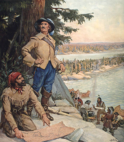 A coureur des bois in the painting La Vérendrye at the Lake of the Woods, circa 1900–1930