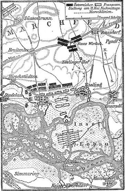 French (white) and Austrians (black) positions, 21 May 1809