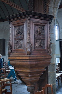 The pulpit at Lampaul-Guimiliau with carved panels