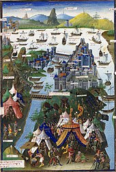 The siege of Constantinople in 1453, depicted in a 15th-century French miniature Le siege de Constantinople (1453) by Jean Le Tavernier after 1455.jpg