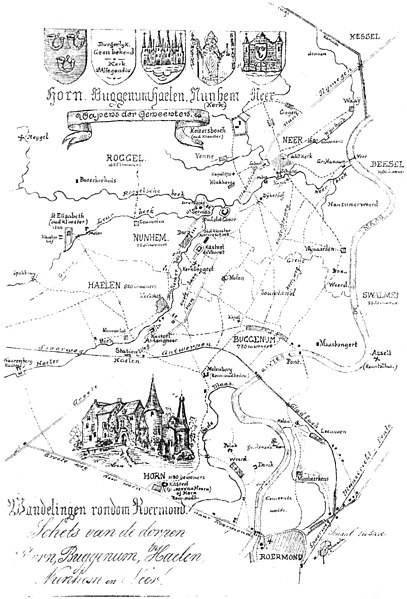 File:Limburg's Jaarboek vol 005 image facing p 108 Schets van de dorpen Horn, Buggenum, Haelen, Nunhen en Neer.jpg