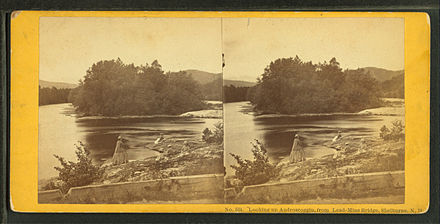 Looking up Androscoggin, from Lead-Mine Bridge, Shelburne, N.H.; stereographic card by John P. Soule