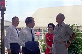 Nominees Nixon and Agnew, without suit jackets, meet with casually dressed President Johnson at his ranch in Texas, with the First Lady, Lady Bird Johnson, in the background Lyndon Johnson and Nixon, withAgnew.jpg
