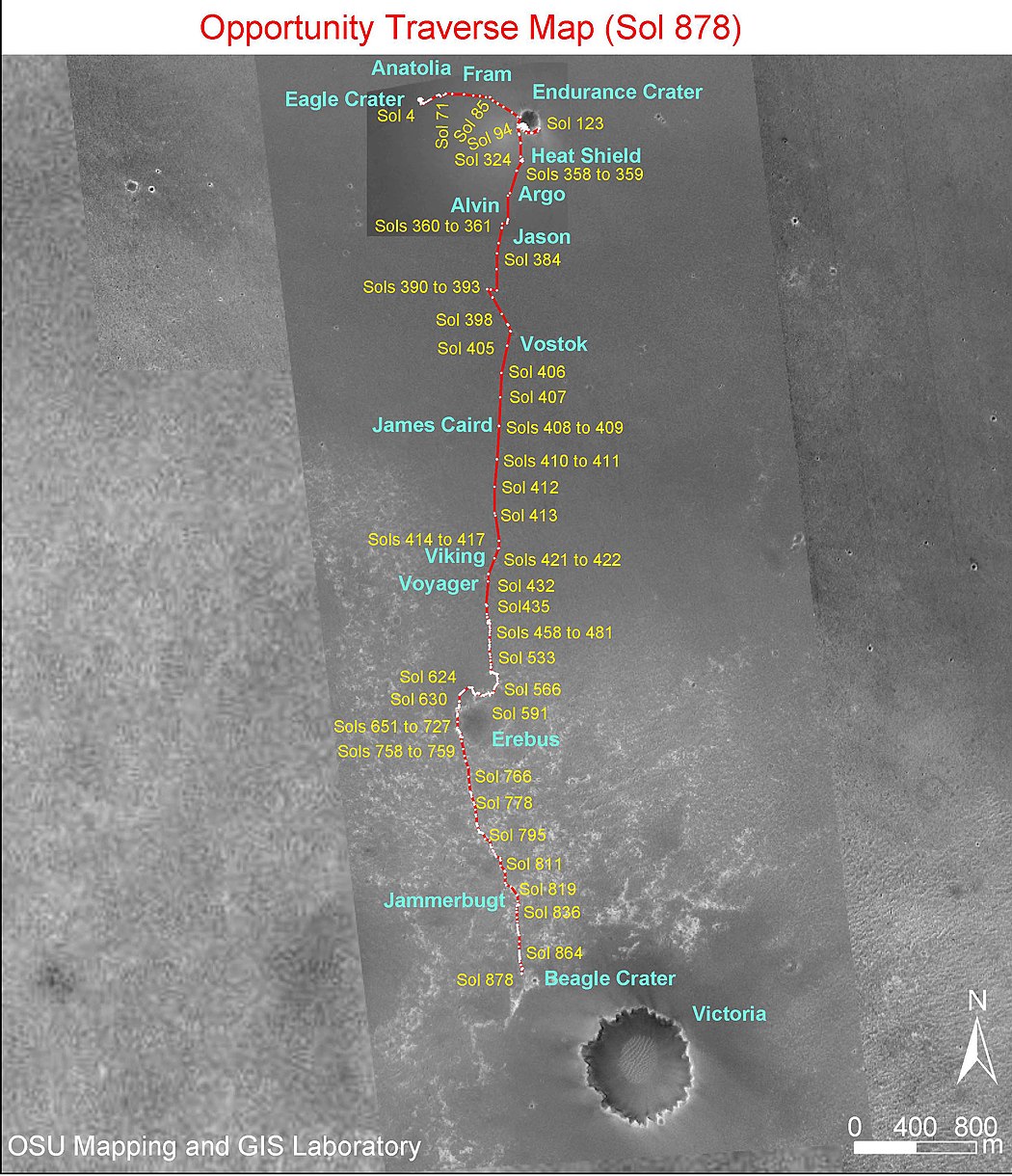 The rover's journey up to Sol 878 (July 2006) on the way to Victoria crater, showing location of Beagle crater MERB 878.jpg