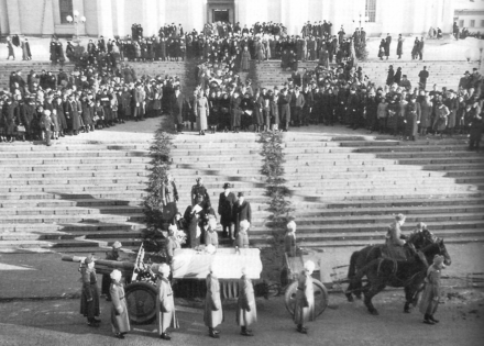 A funeral parade of Marshal Mannerheim in Helsinki, Finland, on February 4, 1951. Helsinki Lutheran Cathedral on the background.