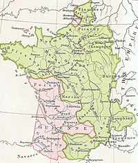 Una mappa della Francia medievale che mostra il territorio ceduto all'Inghilterra al Trattato di Brétigny