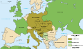 Trippelententen, (Frankrike, Russland og Storbritannia) i grønt, trippelalliansen (Tyskland, Austerrike-Ungarn og Italia) i brunt.