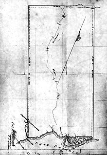A map of the Toronto Purchase. Notable is the British surveyor's insistence on using a grid, instead of using natural features to demarcate boundaries, such as Etobicoke Creek. Map of the Toronto purchase (normal orientation).jpg