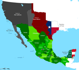 Map of Mexico in 1845, with the Republic of Texas, the Republic of Yucatan and the disputed territory between Mexico and Texas in red. Mexico claimed to own all of Texas. Mapa de Mexico 1845.PNG