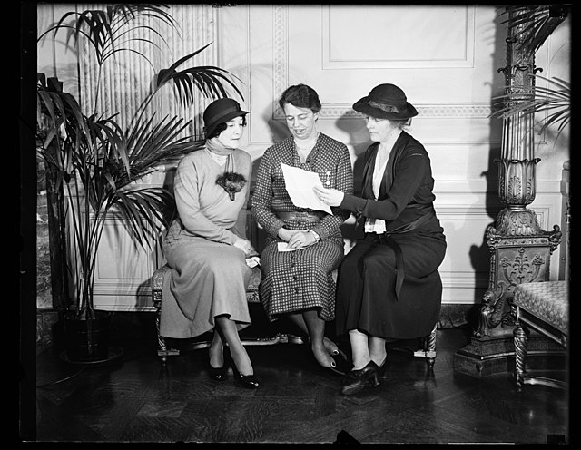 1934 photograph of Mary Harriman Rumsey, Chairman of the Consumers Advisory Board of the N.R.A; Eleanor Roosevelt; and Rep. Isabella Greenway.