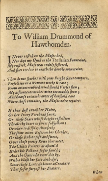 First half of Mary Oxlie's "To William Drummond of Hawthornden". Poems, by that most famous wit, William Drummond of Hawthornden, Ed. Edward Phillips, 1656, p. xix. Mary Oxlie To William Drummond of Hawthornden 1 of 2.png