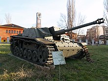 Captured Sturmgeschütz III assault gun, derived from the Panzer III medium tank, also made by Maybach, at the Bulgarian National Museum of Military History