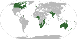 Member states of the Commonwealth, shown in dark green. British Overseas Territories and Crown Dependencies in light green.