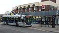 English: Metrobus 632 (YN08 DFY), a Scania CN230UB OmniCity, in Victoria Road, Horley, Surrey, on Crawley Fastway route 100. It is at the Horley Library bus stop.